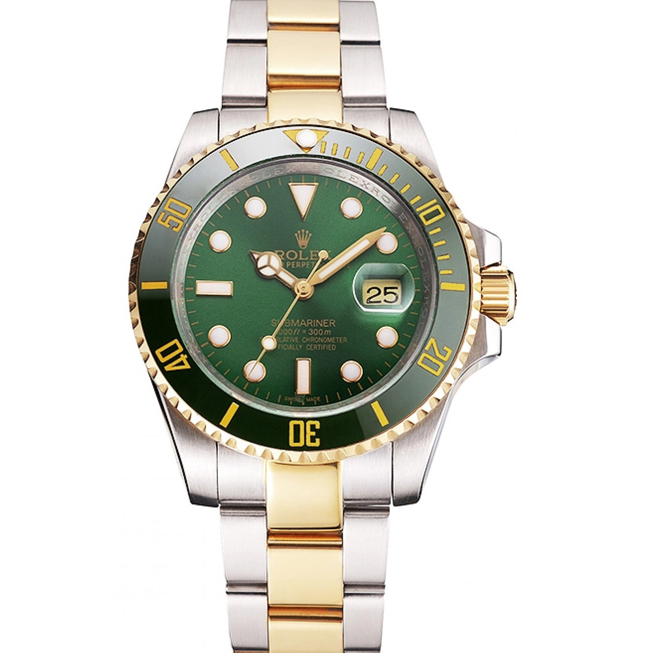 Swiss Steel Rolex Tone Two Submariner Green Gold Bezel And Dial Bracelet 0806